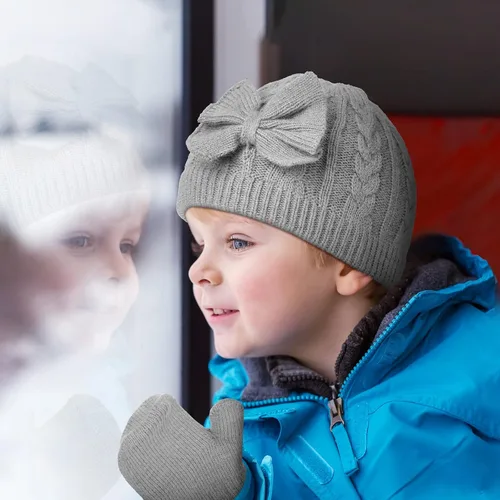 Vista 6 de 3 Set Toddler Hat Glove Set Kids Winter Hats Warm Knitted Beanie Mittens Gloves with Bow for Baby Girls and Boys 0-6Y