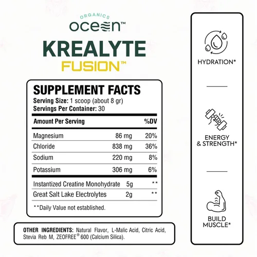 Vista 2 de Organics Ocean Krealyte Fusion - Monohidrato de creatina instantánea en polvo con electrolitos - Fuerza muscular, resistencia e hidratación