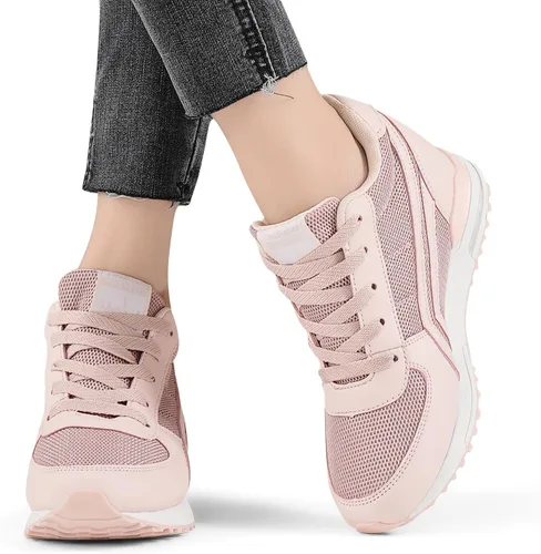 Vista 3 de Sosenfer Zapatos deportivos de cuña con tacón oculto para mujer, antideslizantes, con cordones, cómodos y modernos, zapatos deportivos de cuña