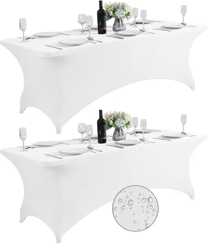 Vista 32 de SuperO - Paquete de 2 manteles de elastano impermeables para mesas de 6 pies, mantel elástico universal ajustable para fiestas, banquetes, bodas