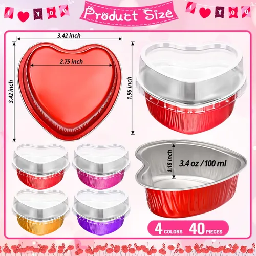 Vista 6 de 40 paquetes de moldes de aluminio en forma de corazón con tapas para hornear 3.4 onzas/3.4 fl oz para cupcakes para hornear para fiestas de boda
