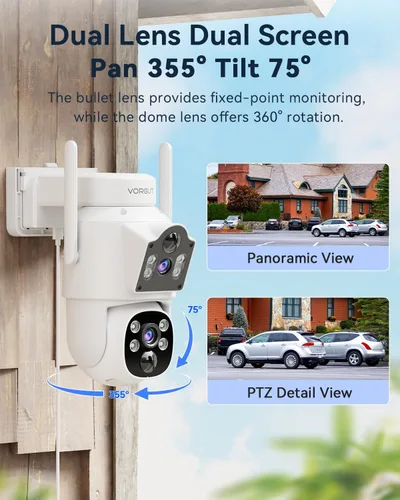 Vista 4 de Cámara solar inalámbrica para exteriores, 2 cámaras solares de doble lente de 4MP+ 4MP para sistema de seguridad del hogar con monitor de 12