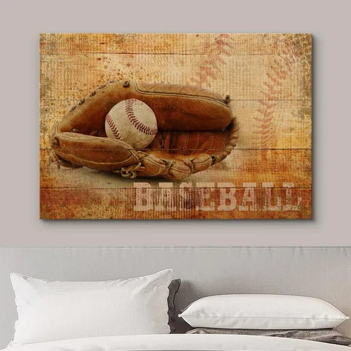 Vista 3 de .Wall26, lienzo de pared con pintura de pelota de tenis sobre piso de cancha. 14. Béisbol rústico