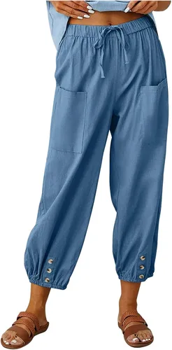 Vista 15 de Pantalones capri de cintura alta con cordón y botón de algodón suelto casual con bolsillos para mujer