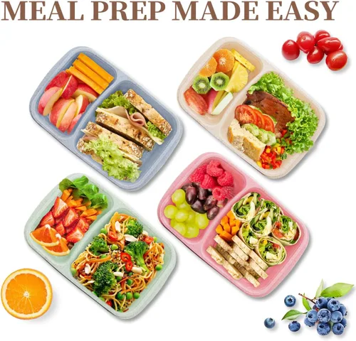 Vista 6 de Paquete de 4 cajas de almuerzo Bento, contenedores de preparación de comida de 2 compartimentos con tapas, aptos para microondas y lavavajillas