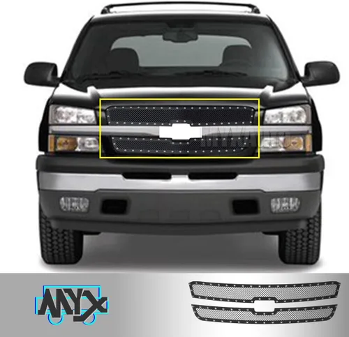 Vista 4 de Rejilla de remache frontal de acero inoxidable negra compatible con Chevy Avalanche 1500/2500 03-05 Silverado1500/1500HD/SS/2003-2004 Chevy