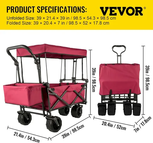 Vista 7 de Happbuy Vagón Plegable con Toldo Extraíble, 220lbs Vagón de Playa Plegable de Servicio Pesado con Ruedas Grandes Rojo