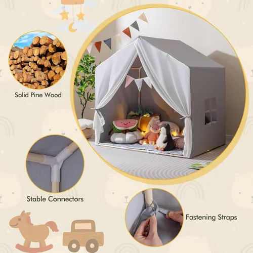 Vista 3 de Costzon Large Kids Tent with Mat, Children's Play Tent w/Flag Banner, Windows, Gauze Curtain, Solid Wood Frame, Indoor Outdoor Kids Playhouse for