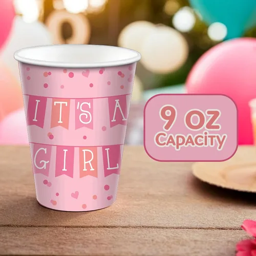 Vista 4 de Amscan Vasos de papel para fiesta, 9 onzas, paquete de 8, It's Girl, rosa