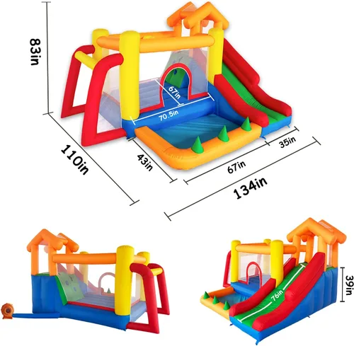 Vista 6 de Baralir Casa de rebote 7 en 1 para niños de 3 a 10 años, castillo hinchable con tobogán largo, piscina para niños (pozo de pelota), portería