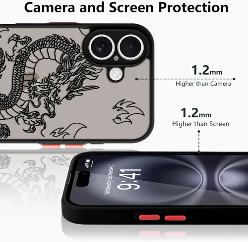 Vista 5 de Funda compatible con iPhone 16, diseño de dragón 3D con diseño de animal de dragón esmerilado, parte trasera de policarbonato duro suave, funda