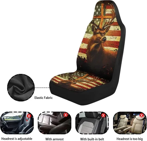 Vista 7 de LedBack Fundas universales de asiento de coche solo para asientos delanteros, bandera estadounidense, ciervos, 2 piezas, protector elástico