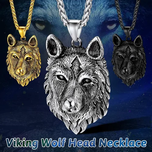 Vista 2 de FaithHeart Collar con colgante de lobo vikingo nórdico para hombres y mujeres, acero inoxidable, chapado en oro de 18 quilates, joyería con embalaje