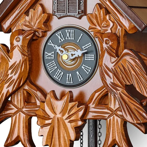 Vista 9 de TIMEGEAR Reloj de cuco con modo nocturno, movimiento de cuarzo y decoraciones de madera (marrón)