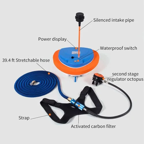 Vista 2 de Ventilador de buceo, tanque de buceo recargable de 5,5 horas, compresor de aire impermeable con manguera de 39 pies y regulador de respiración