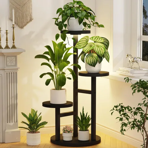 Vista 18 de LASZOLA Soporte Negro de Madera de 5 Niveles para Plantas de Interior para Macetas Más Grandes de Servicio Pesado, Estantes Verticales Resistentes