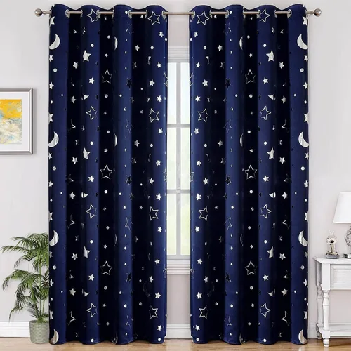 Vista 14 de WUBODTI Cortinas grises 100% opacas con diseño de estrellas para habitación de niños, 45 pulgadas de largo, juego de 2 paneles de cortinas