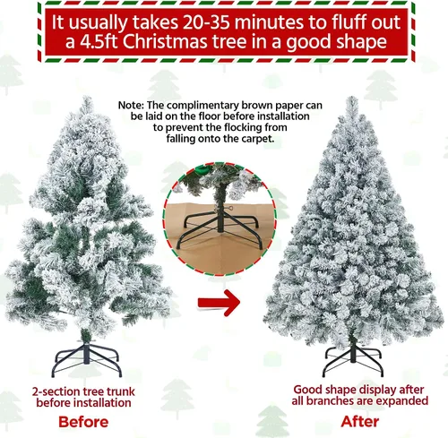 Vista 6 de Yaheetech Árbol de Navidad artificial de abeto preiluminado de 4.5 pies, flocado con nieve, con bisagras, con 100 luces LED multicolor y 340 puntas