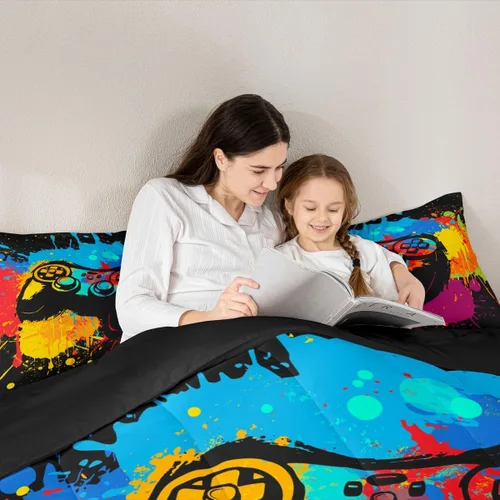 Vista 3 de Erosebridal Juego de ropa de cama individual para niñas, juego de edredón de juegos para niños, juego de cama de juegos para niños, color naranja
