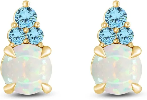 Vista 4 de Colgante redondo de ópalo blanco natural y topacio azul suizo con piedras preciosas y aretes colgantes en oro de 14 quilates sobre plata de ley