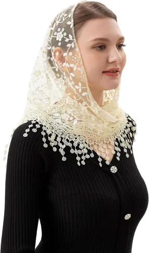 Vista 6 de PAMOR Triángulo velo de encaje Mantilla Catedral cabeza cubierta capilla velo para bodas masivas damas de honor