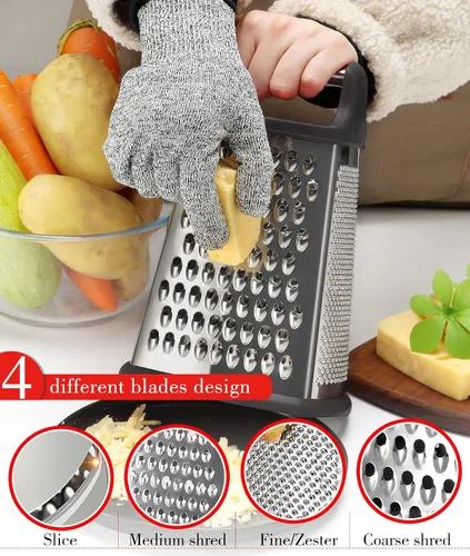 Vista 5 de Ourokhome Rallador rotativo de queso y rallador de caja de acero inoxidable con recipiente de almacenamiento extraíble, guantes, pelador de verduras