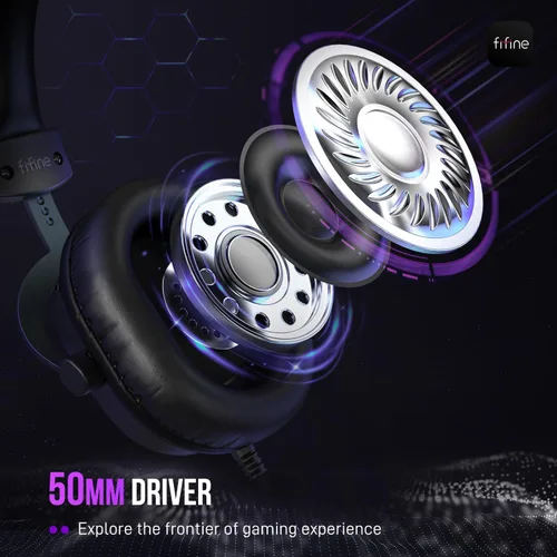 Vista 2 de FIFINE Auriculares para juegos con cable, auriculares USB con sonido envolvente 7.1, micrófono desmontable, caja de control, conector de auriculares