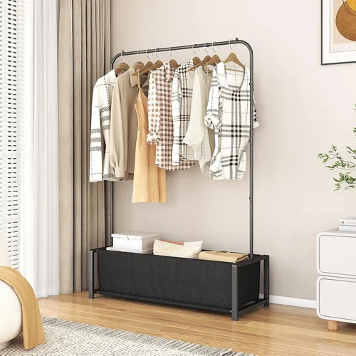 Vista 4 de SUOERNUO - Perchero de ropa para colgar con estante metálico inferior resistente y portátil para secar abrigos y camisas, color negro (bolsa negra)