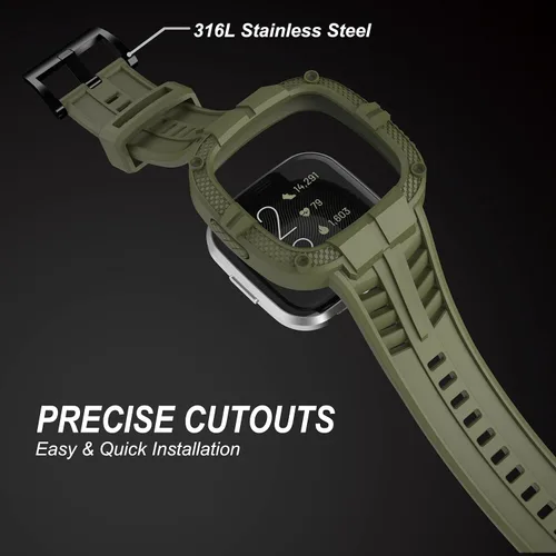 Vista 4 de Compatible con Fitbit Versa 2 bandas con funda, correa protectora para hombres, correa deportiva resistente para reloj inteligente, verde militar