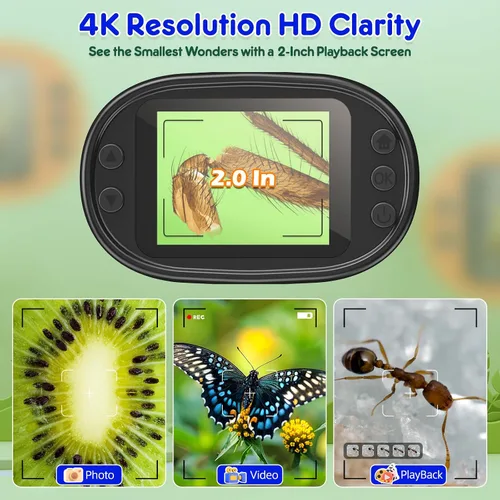 Vista 3 de Kids Handheld Digital Microscope Rechargeable: 4K 2.0" Screen, 1000X Portable Pocket Scope with Slides Kit & 32G Card – Science STEM Experiment Toy