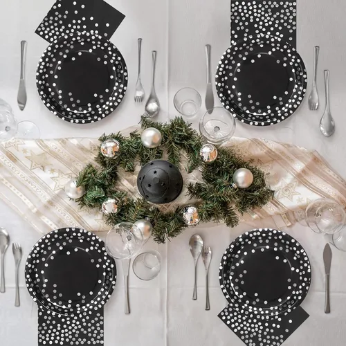 Vista 2 de 150 platos negros y servilletas suministros para fiesta, platos de papel negro Severs 50, decoraciones de fiesta plateadas para graduación