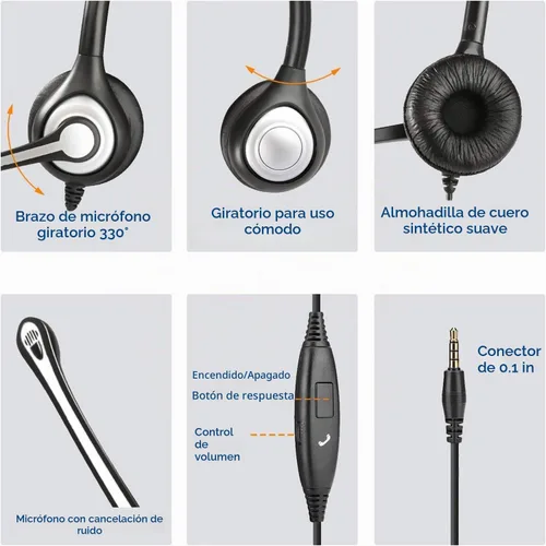 Vista 5 de Wantek Auriculares para teléfono celular con micrófono con cancelación de ruido para portátiles, PC, conector de 0.1 in, control de volumen Negro