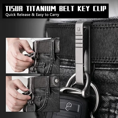 Vista 5 de TISUR Clip para llave de cinturón, mosquetón de titanio para cinturón, clip desmontable de liberación rápida, Gris