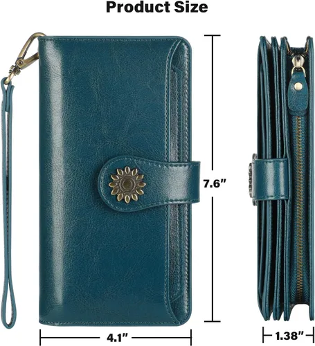 Vista 7 de Lavemi Carteras de cuero genuino de gran capacidad con bloqueo RFID para mujer, tarjetero con correa para la muñeca