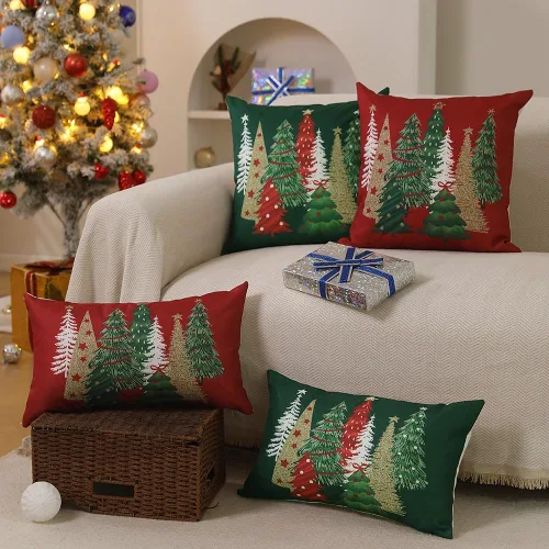 Vista 4 de DFXSZ Fundas de almohada de Navidad 16x16 pulgadas Juego de 2 fundas de almohada de árbol de Navidad decorativas en rojo para sofá de invierno Rojo