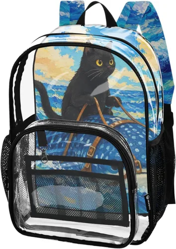 Vista 16 de Mochila transparente con diseño de gato negro y helado para la Lirios de gato azul
