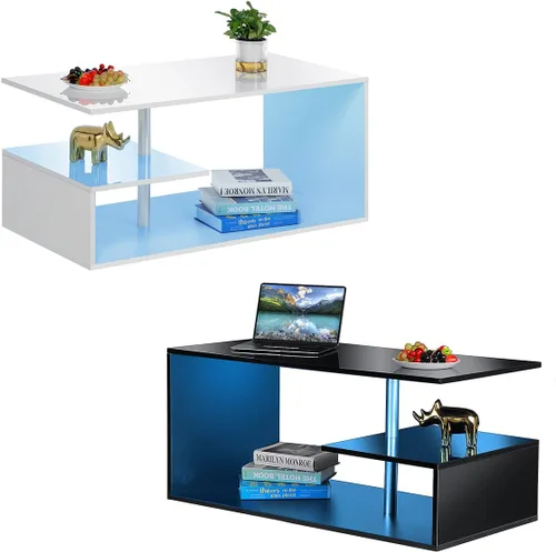 Vista 9 de HOMMPA Mesas de centro LED para sala de estar, moderna mesa de centro negra con forma de S de 3 niveles, estante de almacenamiento abierto, mesa