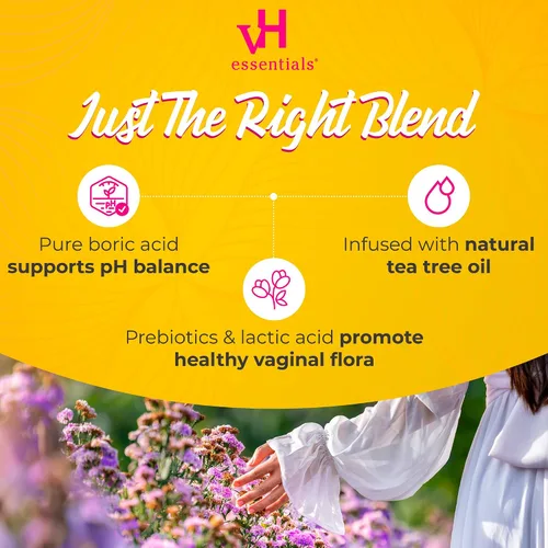 Vista 6 de vH Essentials Supositorios vaginales de ácido bórico y árbol de té, fórmula de prebióticos con ácido láctico, equilibrio de pH, control de olores