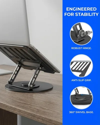 Vista 4 de Soporte para portátil ajustable giratorio de 360°, totalmente plegable, doble eje rotativo, elevador de laptop, escritorio de pie portátil Negro