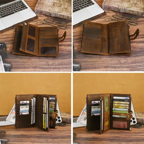 Vista 35 de Genuino Caballo Loco Cuero Regalo de Viaje Moneda Bolsillo Tarjetero Organizador Largo Cadena Rfid Cartera Monedero Con Broche Para Hombres Hombres