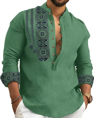 Vista 15 de Kubsid Mens Henley Shirts Casual T Shirt Long Sleeve Banded Collar Button Down Vintage Beach Tops