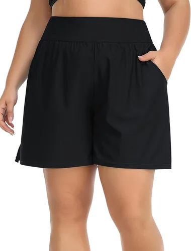 Vista 8 de ANFILIA Pantalones cortos de natación de talla grande para mujer, pantalones cortos de cintura alta, tankini con bolsillos
