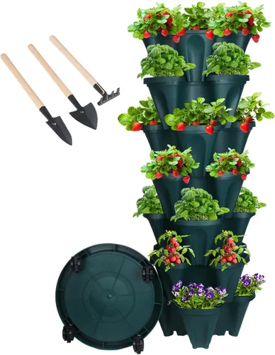 Vista 35 de GameXcel Torre de maceta vertical, macetas apilables de 3 niveles con ruedas y herramientas de jardín, macetas para plantas de fresa, hierbas