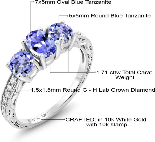 Vista 75 de Gem Stone King Anillo de compromiso de 3 piedras preciosas de oro blanco de 10 quilates con piedra natal y diamantes cultivados en laboratorio