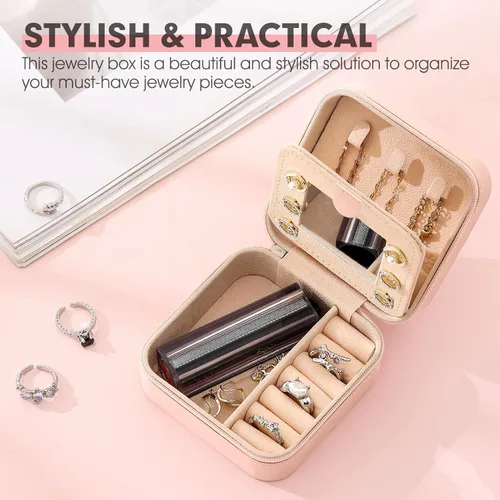 Vista 2 de Pequeño organizador de joyas de viaje, un mini joyero con inicial, estuche esencial de viaje para mujeres y niñas, joyero azul personalizado