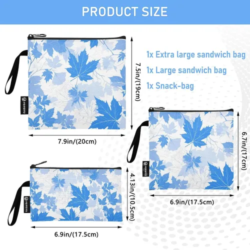 Vista 3 de Blue Elegant Romantic Maple Leaf 3 piezas reutilizables para sándwiches y aperitivos, bolsa de maquillaje multiusos para aperitivos, bolsa