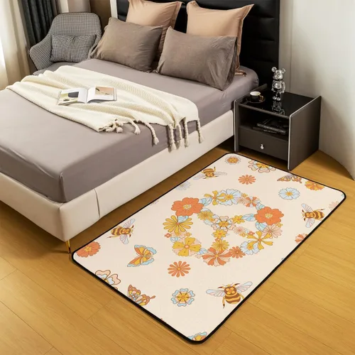 Vista 5 de jejeloiu Hippie Peace Art Living Room Rugs Retro Hippie Flower Area Rug for Kids Boys Teens Butterfly Bee Peace Sign Artwork 60S 70S Groovy Floral