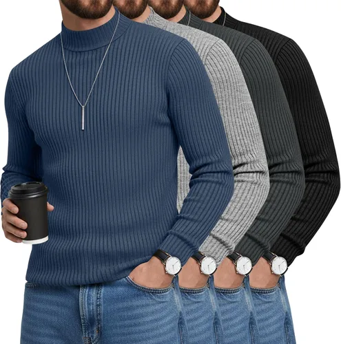 Vista 7 de Paquete de 4 Camisetas de Cuello Alto Simulado para Hombre de Algodón de Punto Acanalado de Manga Larga Pullover Ajustado Casual Suéteres Básicas
