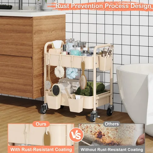 Vista 7 de Carrito pequeño de 2 niveles beige con ruedas, carrito de pañales para artículos esenciales para el cuarto de bebé, carrito de metal para debajo