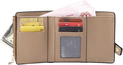 Vista 2 de AOXONEL Billetera pequeña de cuero para mujer, billetera Rfid para mujer, billetera triple plegable, compacta con ranuras para tarjetas y bolsillo
